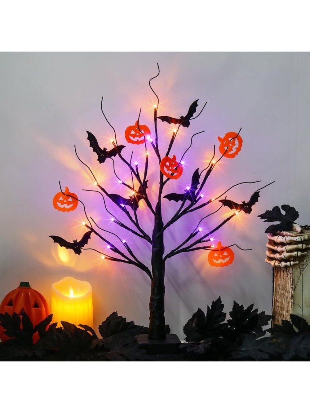 New 22 Inch Halloween Black Tree 24 LED Orange Purple Lights Timer Decor - Picture 3 of 7